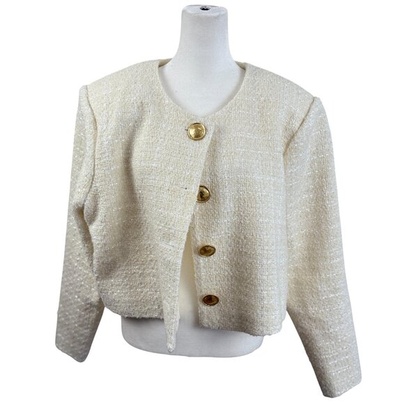 H&M Cream Tweed Cropped Jacket with Gold Buttons – Size Large - Picture 1 of 8